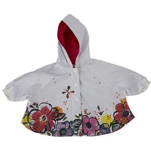 Catimini Rain Coat Baby Girl Size 12 Months Cheerful White Floral Spring Hooded